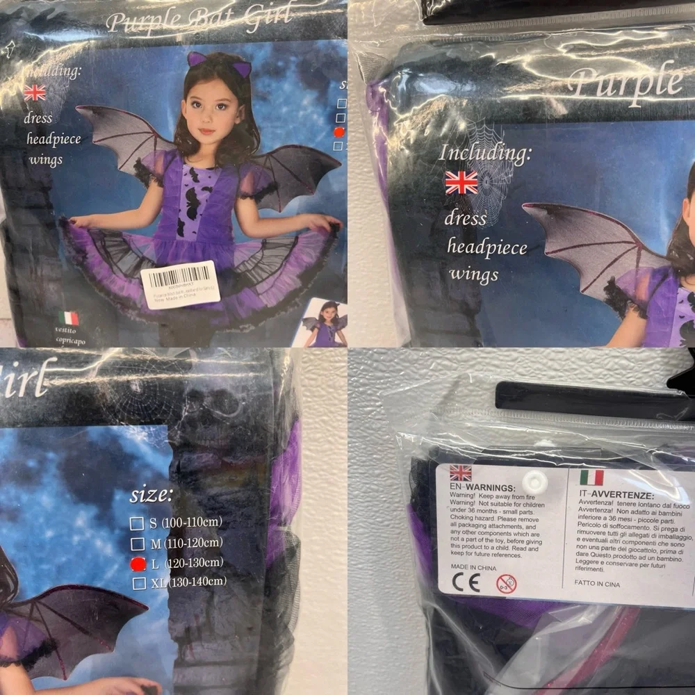 NWT Girls Bat Witch‎ Costume Halloween Cosplay Fancy Dress Up with Bat Wings L